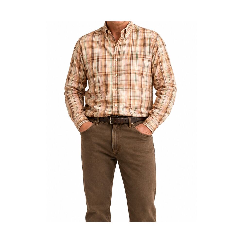 Ralph Lauren Shirt Mens Size XXL Tan Green Plaid Long Sleeve Button Down Collar